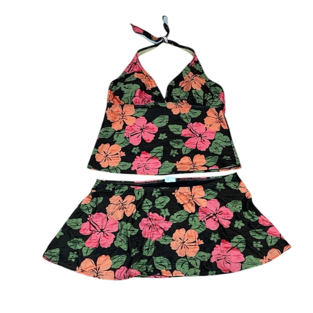 Catalina swim skirt & halter top, Brown, Pink, Coral Floral, skirtini, Large